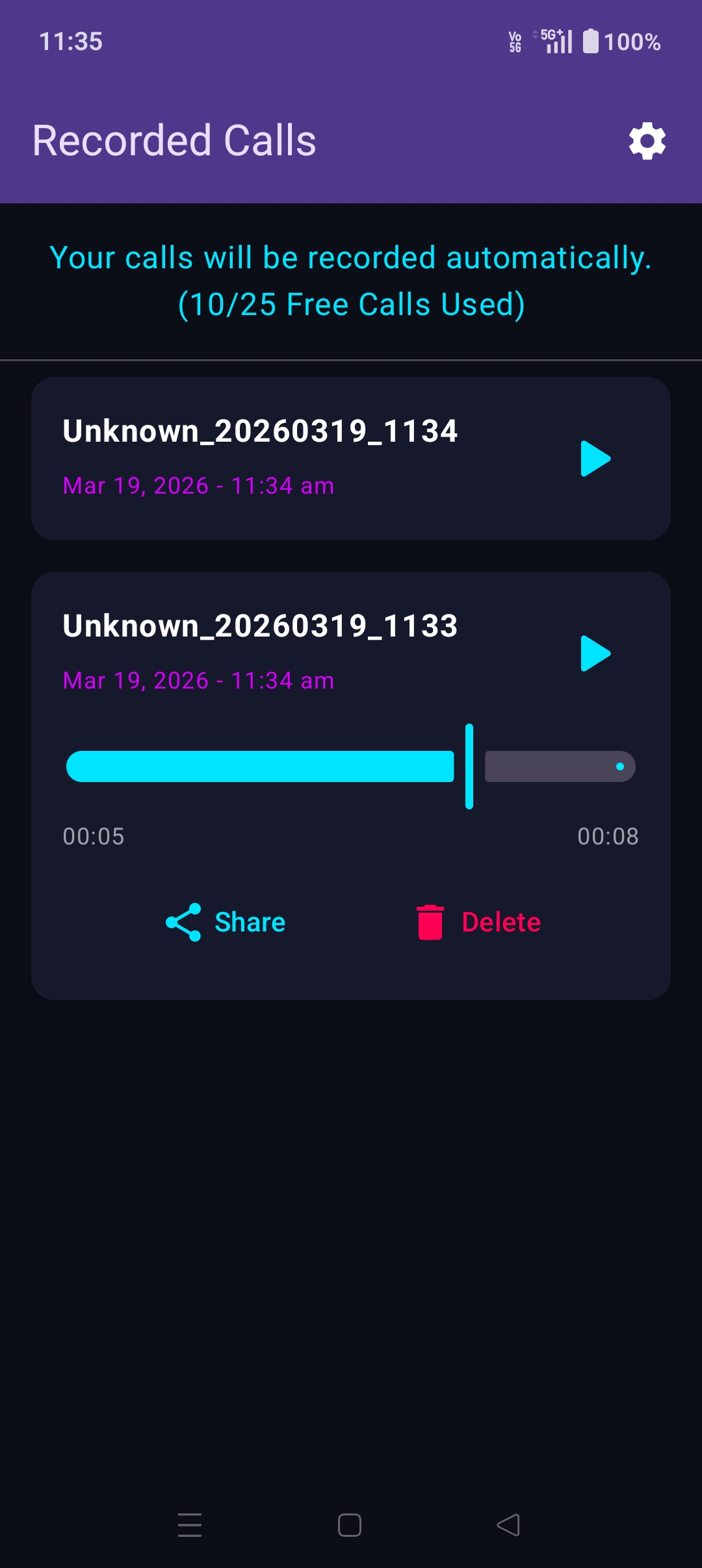 Seamless call list with player